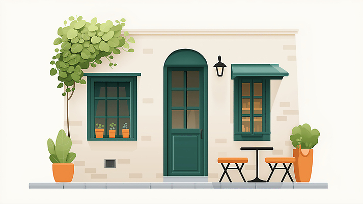 JPG 식물 화분 의자 일러스트 창문 탁자 조명 사람없음 건물 문 카페 차양막 국내일러스트 AI일러스트 AI콘텐츠 건축물 가구 상점 차양 파일형식