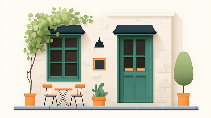 JPG 식물 화분 의자 일러스트 창문 탁자 조명 사람없음 건물 문 카페 차양막 국내일러스트 AI일러스트 AI콘텐츠 건축물 가구 상점 차양 파일형식