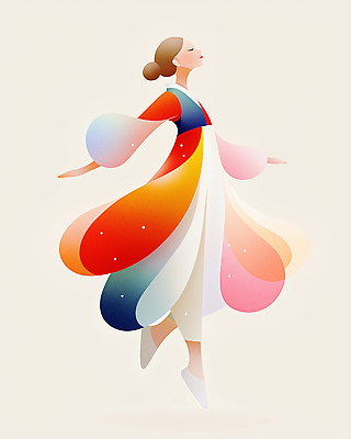 JPG 전신 여자 곡선 일러스트 팔벌리기 한명 미소 성인 옆모습 컬러풀 눈감음 한복 전통무용 뷰티풀 성인여자한명만 국내일러스트 AI일러스트 AI콘텐츠 1 한국전통 전통 선 뷰포인트 컬러 모션 표정 사람 춤 전통의상 여자한명만 성인여자만 파일형식