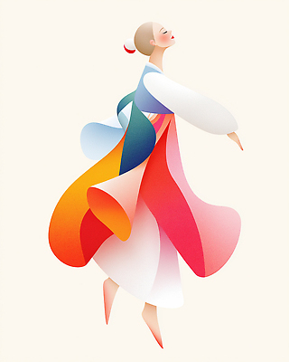 JPG 전신 여자 곡선 일러스트 한명 미소 성인 옆모습 컬러풀 눈감음 한복 전통무용 뷰티풀 성인여자한명만 국내일러스트 AI일러스트 AI콘텐츠 1 한국전통 전통 선 뷰포인트 컬러 모션 표정 사람 춤 전통의상 여자한명만 성인여자만 파일형식