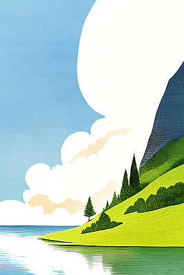 JPG 나무 구름 바다 섬 일러스트 자연 하늘 풍경 사람없음 초록색 파란색 반사 풀 국내일러스트 AI일러스트 AI콘텐츠 자연요소 식물 컬러 생태계 파일형식