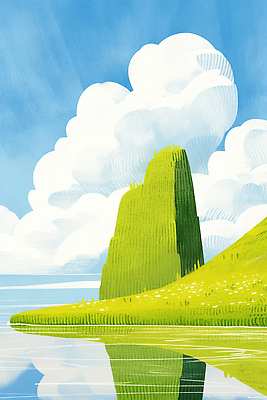 JPG 구름 바다 섬 일러스트 자연 하늘 풍경 사람없음 연두색 파란색 반사 국내일러스트 AI일러스트 AI콘텐츠 자연요소 컬러 초록색 생태계 파일형식