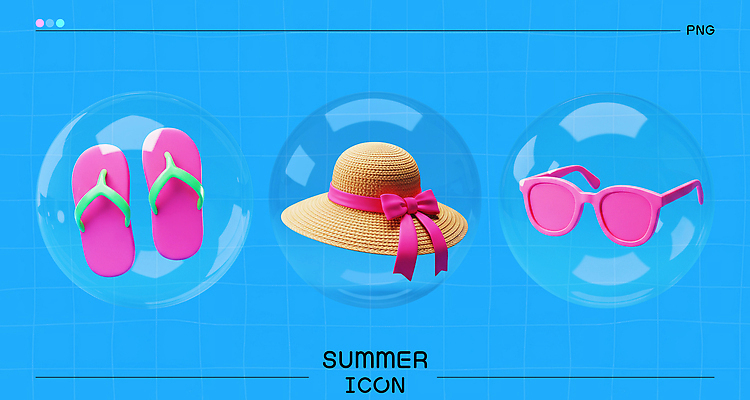 PSD 아이콘 모자 리본 안경 휴식 슬리퍼 바캉스용품 사람없음 여름 파란색 바캉스 3D아이콘 선글라스 3D 비눗방울 쪼리 시원함 밀짚모자 버블 모자_잡화 잡화 계절 컬러 신발 컨셉 휴가 샌들 디지털합성 오브젝트 파일형식