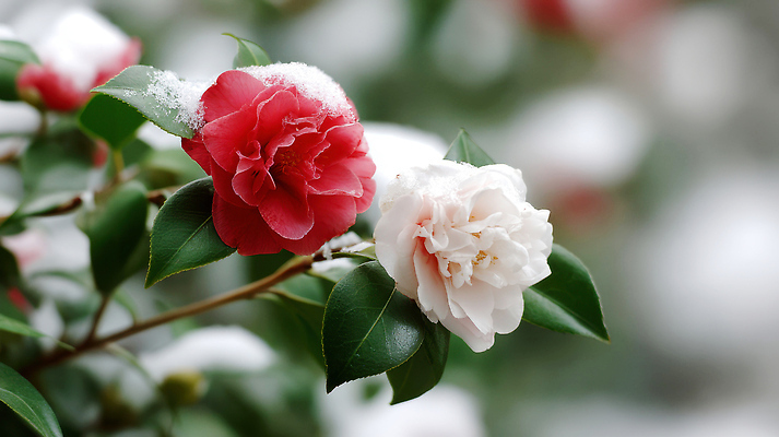 JPG 편집이미지 꽃 겨울 자연 풍경 사람없음 아웃포커스 눈 동백 동백나무 편집실사 AI포토 AI콘텐츠 자연요소 나무 식물 계절 날씨 촬영기법 CG 생태계 파일형식