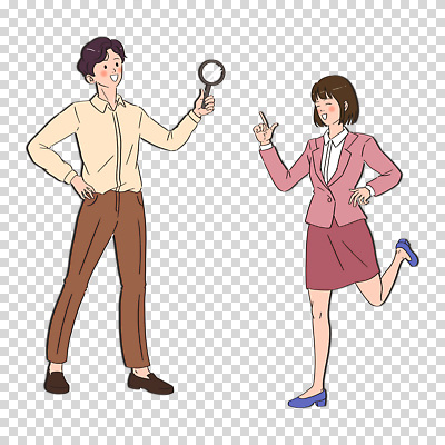 전신 편집이미지 여자 남자 허리손 돋보기 미소 들기 누끼 정장 성인 두명 가리킴 비즈니스맨 비즈니스우먼 PNG 다리들기 성인만 옷 포즈 비즈니스 모션 표정 사람 손짓 직장인 파일형식