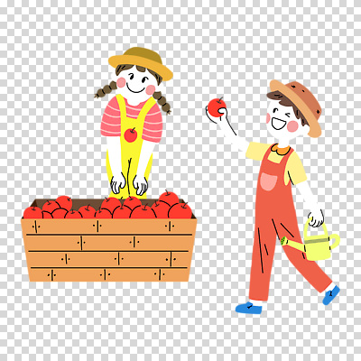 전신 편집이미지 여자 남자 어린이 미소 들기 누끼 소녀 소년 두명 물뿌리개 사과 밀짚모자 PNG 사과상자 어린이만 모자_잡화 과일 모션 표정 사람 상자 파일형식