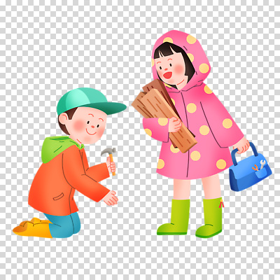전신 편집이미지 여자 남자 어린이 장화 미소 들기 누끼 소녀 소년 두명 망치 무릎꿇기 장작 공구함 우비 나무토막 PNG 캡모자 어린이만 모자_잡화 옷 신발 모션 표정 사람 공구 파일형식