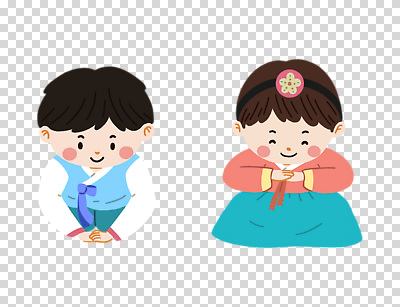 전신 편집이미지 여자 남자 어린이 미소 누끼 소녀 소년 두명 절 한복 손모으기 배씨댕기 PNG 어린이만 한국전통 전통소품 표정 사람 손짓 인사 전통의상 파일형식