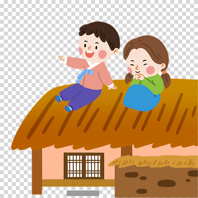 전신 편집이미지 여자 남자 어린이 초가집 미소 웃음 누끼 앉기 소녀 소년 두명 담장 눈감음 가리킴 한복 손모으기 PNG 손짚기 어린이만 초가지붕 한국전통 모션 지붕 한옥 표정 사람 손짓 전통의상 파일형식