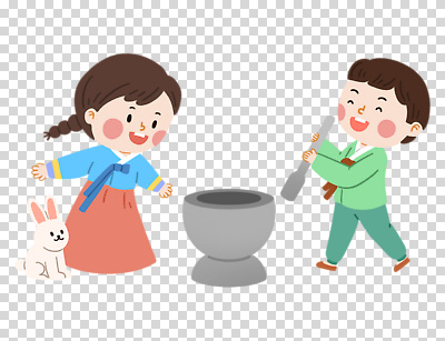 전신 편집이미지 여자 남자 어린이 팔벌리기 웃음 들기 누끼 소녀 소년 두명 추석 토끼 한복 절구 떡방아 PNG 돌절구 어린이만 한국전통 명절 포유류 모션 표정 사람 반려동물 도구 전통의상 방아 파일형식