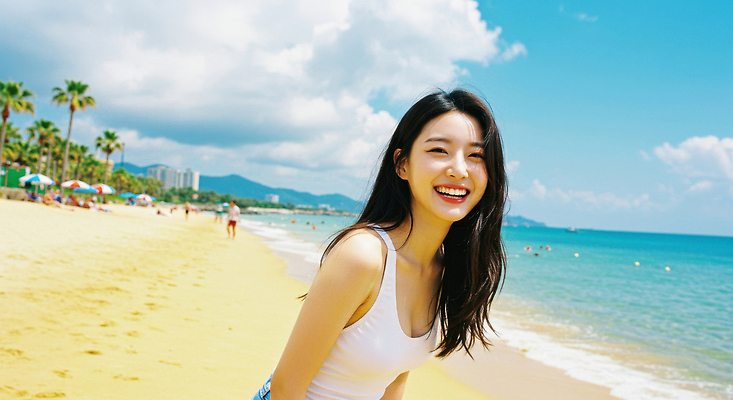 JPG 구름 편집이미지 여자 남자 물결 하늘 웃음 여러명 상반신 성인 해변 여름휴가 야자수 군중 의료성형뷰티 편집실사 AI인물포토 AI콘텐츠 자연요소 나무 바다 다수 휴가 표정 사람 CG 파일형식 여름_계절 AI포토