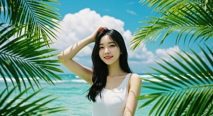 JPG 구름 편집이미지 여자 수영복 물결 바다 하늘색 하늘 한명 웃음 상반신 성인 여름휴가 손들기 야자수잎 의료성형뷰티 성인여자한명만 편집실사 AI인물포토 AI콘텐츠 자연요소 1 옷 잎 모션 휴가 표정 사람 파란색 CG 여자한명만 성인여자만 파일형식 여름_계절 AI포토
