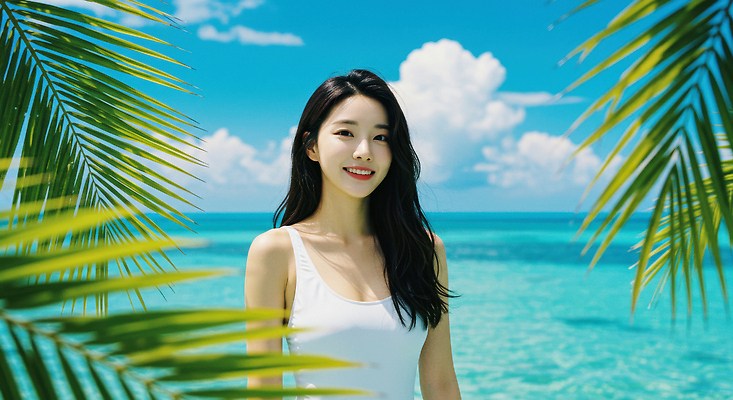 JPG 구름 편집이미지 여자 수영복 물결 바다 하늘색 하늘 한명 웃음 상반신 성인 여름휴가 야자수잎 의료성형뷰티 성인여자한명만 편집실사 AI인물포토 AI콘텐츠 자연요소 1 옷 잎 휴가 표정 사람 파란색 CG 여자한명만 성인여자만 파일형식 여름_계절 AI포토