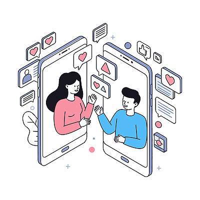 여자 남자 분홍색 말풍선 잎 일러스트 스마트라이프 대화 미소 상반신 성인 두명 파란색 스마트폰 손들기 소셜네트워크 좋음 성인만 디지털라이프 국내일러스트 AI파일 식물 라이프스타일 컬러 컨셉 모션 표정 말하기 사람 핸드폰 스마트기기 파일형식 벡터