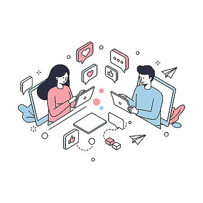 여자 남자 분홍색 하늘색 말풍선 잎 일러스트 스마트라이프 미소 들기 상반신 성인 두명 노트북 태블릿 모니터 하트 누름 종이비행기 따봉 좋음 성인만 디지털라이프 국내일러스트 AI파일 모양 식물 라이프스타일 컬러 컨셉 모션 표정 사람 파란색 전자제품 스마트기기 컴퓨터 최고 종이접기 파일형식 벡터