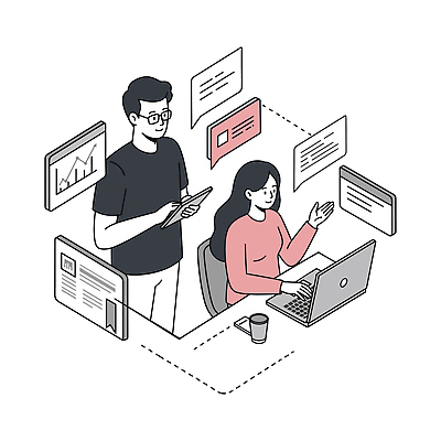 여자 남자 분홍색 말풍선 의자 일러스트 그래프 스마트라이프 대화 미소 들기 앉기 상반신 성인 두명 컵 태블릿 손들기 검은색 타이핑 책상 인터넷창 성인만 안경낌 디지털라이프 국내일러스트 AI파일 라이프스타일 식기 안경 컬러 가구 인터넷 모션 표정 말하기 사람 전자제품 스마트기기 파일형식 벡터