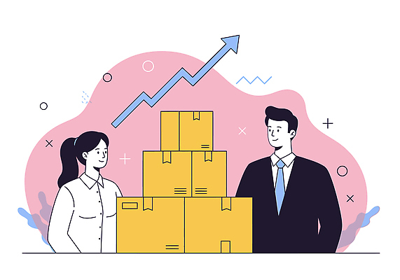 여자 남자 화살표 일러스트 미소 정장 상반신 성인 두명 판매 쌓기 비즈니스맨 비즈니스우먼 상승 택배상자 성인만 국내일러스트 AI파일 옷 컨셉 비즈니스 모션 표정 사람 상자 직장인 택배 파일형식 벡터