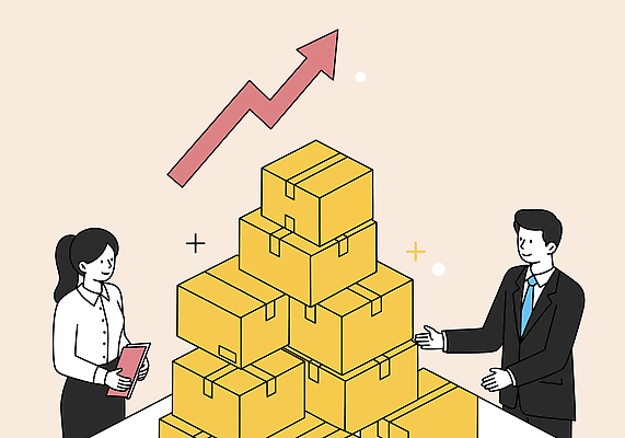 여자 남자 화살표 일러스트 미소 들기 정장 상반신 성인 두명 노란색 손들기 판매 쌓기 비즈니스맨 비즈니스우먼 문서 상승 택배상자 성인만 국내일러스트 AI파일 옷 컬러 컨셉 비즈니스 모션 표정 사람 상자 직장인 택배 파일형식 벡터