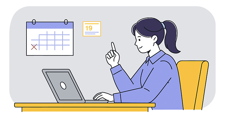 여자 의자 일러스트 한명 미소 앉기 정장 상반신 성인 판매 보라색 달력 가리킴 타이핑 비즈니스우먼 성인여자한명만 국내일러스트 AI파일 1 옷 컬러 가구 비즈니스 모션 표정 사람 손짓 직장인 여자한명만 성인여자만 파일형식 벡터