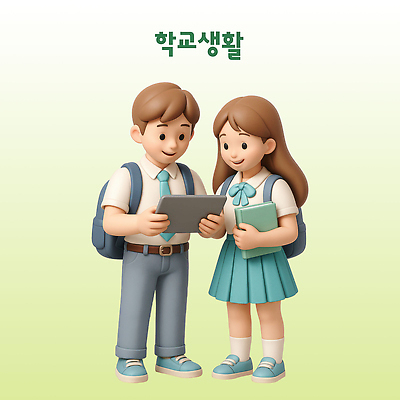 전신 PSD 편집이미지 응시 여학생 여자 남자 교복 남학생 청소년 책가방 3D캐릭터 대화 서기 미소 들기 두명 책 연두색 태블릿 스쿨라이프 3D 십대만 편집3D 캐릭터 학생 라이프스타일 시선 옷 가방 학교 모션 표정 말하기 사람 초록색 전자제품 스마트기기 디지털합성 파일형식