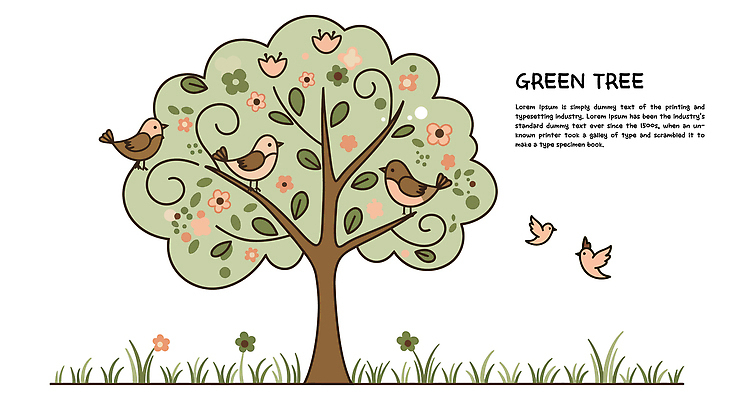 꽃 일러스트 조류 나뭇잎 한그루 잔디 사람없음 연두색 여름 국내일러스트 AI파일 나무 식물 동물 1 계절 잎 초록색 파일형식 벡터