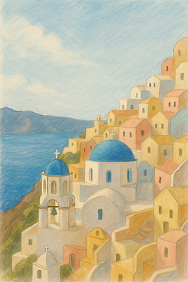 JPG 구름 바다 일러스트 하늘 산 주택 사람없음 관광지 마을 여름풍경 스케치 산토리니 국내일러스트 AI일러스트 AI콘텐츠 자연요소 여행 미술 풍경 건물 그리스 파일형식 여름_계절