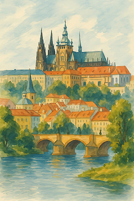 JPG 나무 구름 일러스트 하늘 주택 사람없음 관광지 강 마을 여름풍경 스케치 체코 프라하성 가교 국내일러스트 AI일러스트 AI콘텐츠 자연요소 식물 건축물 유럽 여행 미술 풍경 건물 성 프라하 파일형식 여름_계절