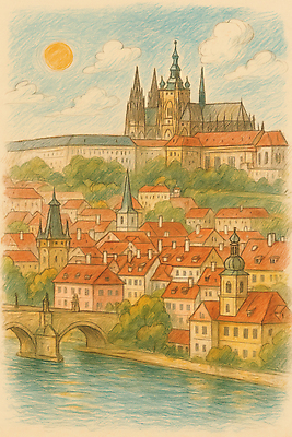 JPG 구름 일러스트 하늘 주택 사람없음 관광지 강 태양 마을 여름풍경 스케치 체코 프라하성 가교 국내일러스트 AI일러스트 AI콘텐츠 자연요소 건축물 유럽 여행 미술 풍경 건물 성 프라하 파일형식 여름_계절