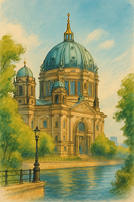 JPG 나무 구름 가로등 일러스트 하늘 사람없음 관광지 강 여름풍경 스케치 돔 베를린 베를린성당 국내일러스트 AI일러스트 AI콘텐츠 자연요소 식물 건축물 공공시설 여행 독일 미술 풍경 성당 파일형식 여름_계절