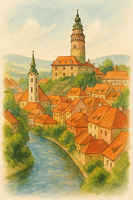 JPG 식물 구름 일러스트 하늘 주택 사람없음 관광지 강 마을 여름풍경 스케치 체코 체스키크룸루프 국내일러스트 AI일러스트 AI콘텐츠 자연요소 유럽 여행 미술 풍경 건물 파일형식 여름_계절