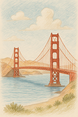 JPG 구름 바다 일러스트 하늘 사람없음 관광지 여름풍경 스케치 금문교 국내일러스트 AI일러스트 AI콘텐츠 자연요소 여행 미술 풍경 미국 다리_건축물 파일형식 여름_계절