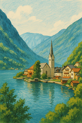 JPG 나무 구름 일러스트 하늘 산 주택 사람없음 관광지 마을 여름풍경 스케치 할슈타트 국내일러스트 AI일러스트 AI콘텐츠 자연요소 식물 호수 여행 미술 풍경 건물 오스트리아 파일형식 여름_계절