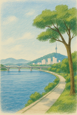 JPG 나무 구름 일러스트 하늘 사람없음 관광지 여름풍경 산책로 스케치 한강 남산타워 나무그늘 가교 국내일러스트 AI일러스트 AI콘텐츠 자연요소 식물 건축물 길 여행 서울 미술 풍경 그늘 남산 랜드마크 파일형식 여름_계절