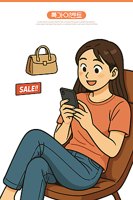 여자 의자 가방 일러스트 한명 미소 웃음 들기 앉기 성인 스마트폰 세일 다리꼬기 성인여자한명만 일러캐릭터 AI파일 캐릭터 1 잡화 가구 모션 표정 사람 핸드폰 스마트기기 여자한명만 성인여자만 파일형식 벡터