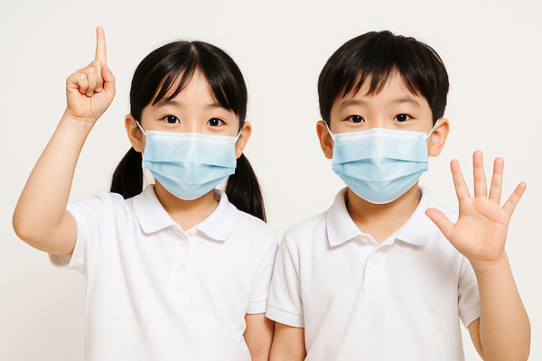 JPG 스튜디오촬영 편집이미지 여자 남자 어린이 마스크 소녀 소년 상반신 두명 가리킴 손인사 흰티 의료성형뷰티 어린이만 편집실사 AI인물포토 AI콘텐츠 티셔츠 실내 사람 손짓 인사 CG 파일형식 AI포토