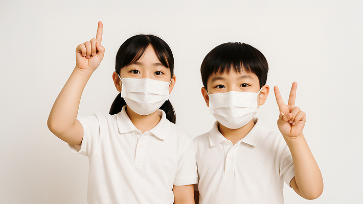 JPG 스튜디오촬영 편집이미지 여자 남자 어린이 소녀 소년 상반신 두명 손들기 가리킴 브이 마스크착용 흰티 의료성형뷰티 어린이만 편집실사 AI인물포토 AI콘텐츠 티셔츠 모션 실내 마스크 사람 손짓 사회이슈 CG 파일형식 AI포토