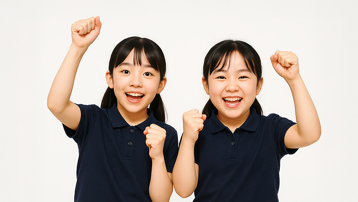 JPG 스튜디오촬영 편집이미지 여자 어린이 응원 미소 소녀 상반신 두명 손들기 파이팅 의료성형뷰티 소녀만 편집실사 AI인물포토 AI콘텐츠 모션 실내 표정 사람 CG 여자만 어린이만 파일형식 AI포토