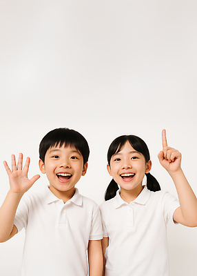 JPG 스튜디오촬영 편집이미지 여자 남자 어린이 미소 소녀 소년 상반신 두명 손들기 가리킴 손인사 흰티 의료성형뷰티 어린이만 편집실사 AI인물포토 AI콘텐츠 티셔츠 모션 실내 표정 사람 손짓 인사 CG 파일형식 AI포토