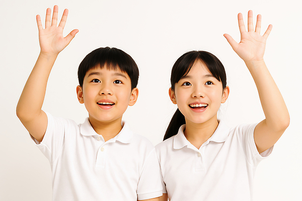 JPG 스튜디오촬영 편집이미지 여자 남자 어린이 미소 소녀 소년 상반신 두명 손들기 손인사 흰티 의료성형뷰티 어린이만 편집실사 AI인물포토 AI콘텐츠 티셔츠 모션 실내 표정 사람 인사 CG 파일형식 AI포토