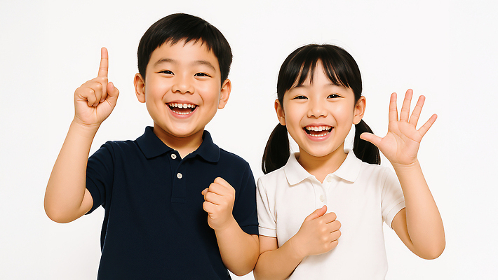 JPG 스튜디오촬영 편집이미지 여자 남자 어린이 미소 웃음 소녀 소년 상반신 두명 손들기 가리킴 손인사 흰티 의료성형뷰티 어린이만 편집실사 AI인물포토 AI콘텐츠 티셔츠 모션 실내 표정 사람 손짓 인사 CG 파일형식 AI포토