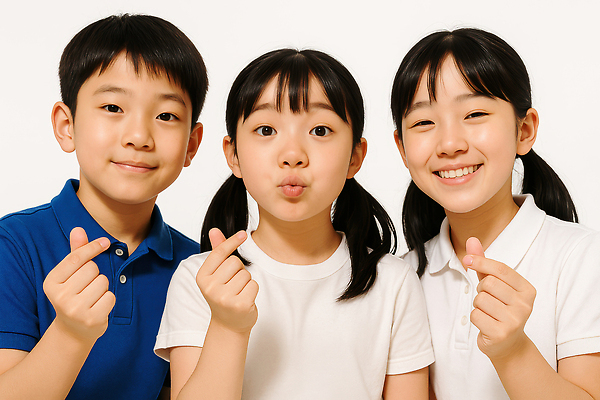 JPG 스튜디오촬영 편집이미지 여자 남자 어린이 미소 소녀 소년 상반신 세명 입내밀기 손하트 흰티 의료성형뷰티 어린이만 편집실사 AI인물포토 AI콘텐츠 티셔츠 모션 실내 표정 사람 손짓 CG 파일형식 AI포토