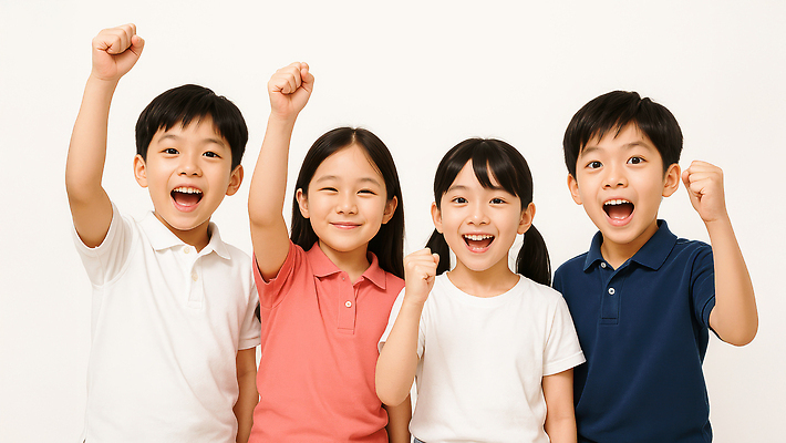 JPG 스튜디오촬영 편집이미지 여자 남자 어린이 응원 입벌림 미소 소녀 소년 여러명 상반신 손들기 파이팅 흰티 의료성형뷰티 어린이만 편집실사 AI인물포토 AI콘텐츠 다수 티셔츠 모션 실내 표정 사람 CG 파일형식 AI포토