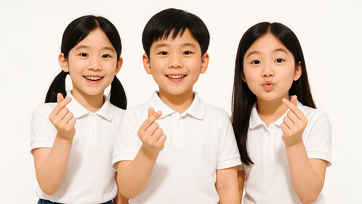 JPG 스튜디오촬영 편집이미지 여자 남자 어린이 미소 소녀 소년 상반신 세명 입내밀기 손하트 흰티 의료성형뷰티 어린이만 편집실사 AI인물포토 AI콘텐츠 티셔츠 모션 실내 표정 사람 손짓 CG 파일형식 AI포토