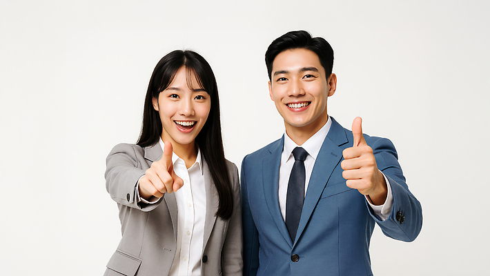 JPG 스튜디오촬영 편집이미지 커플 여자 남자 미소 정장 상반신 성인 두명 가리킴 비즈니스맨 비즈니스우먼 따봉 의료성형뷰티 성인만 편집실사 AI인물포토 AI콘텐츠 옷 비즈니스 관계 실내 표정 사람 손짓 최고 직장인 CG 파일형식 AI포토
