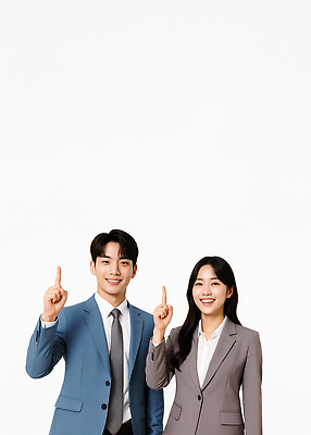 JPG 스튜디오촬영 편집이미지 커플 여자 남자 미소 정장 상반신 성인 두명 가리킴 비즈니스맨 비즈니스우먼 의료성형뷰티 성인만 편집실사 AI인물포토 AI콘텐츠 옷 비즈니스 관계 실내 표정 사람 손짓 직장인 CG 파일형식 AI포토