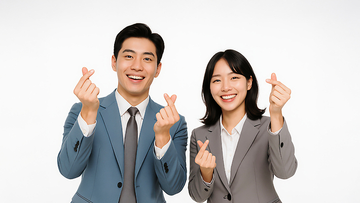 JPG 스튜디오촬영 편집이미지 커플 여자 남자 미소 정장 상반신 성인 두명 비즈니스맨 비즈니스우먼 손하트 의료성형뷰티 성인만 편집실사 AI인물포토 AI콘텐츠 옷 비즈니스 관계 실내 표정 사람 손짓 직장인 CG 파일형식 AI포토