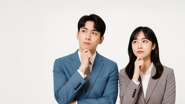 JPG 스튜디오촬영 편집이미지 커플 여자 남자 정장 상반신 성인 두명 팔짱 턱괴기 올려보기 비즈니스맨 비즈니스우먼 고민 의료성형뷰티 성인만 편집실사 AI인물포토 AI콘텐츠 옷 감정 비즈니스 관계 모션 실내 사람 직장인 CG 파일형식 AI포토