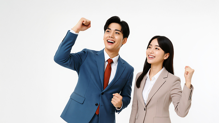 JPG 스튜디오촬영 편집이미지 커플 여자 남자 응원 미소 정장 상반신 성인 두명 손들기 파이팅 비즈니스맨 비즈니스우먼 의료성형뷰티 성인만 편집실사 AI인물포토 AI콘텐츠 옷 비즈니스 관계 모션 실내 표정 사람 직장인 CG 파일형식 AI포토
