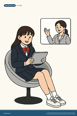 전신 여자 교복 의자 일러스트 청소년 고등학생 미소 들기 앉기 성인 두명 소파 태블릿 가리킴 온라인강의 여자만 국내일러스트 AI파일 학생 옷 가구 모션 표정 사람 손짓 전자제품 스마트기기 강의 파일형식 벡터 언택트