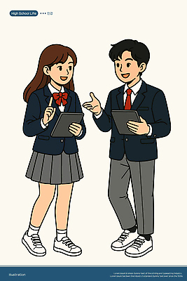 전신 여자 남자 교복 일러스트 청소년 고등학생 대화 미소 들기 두명 태블릿 가리킴 온라인강의 십대만 국내일러스트 AI파일 학생 옷 모션 표정 말하기 사람 손짓 전자제품 스마트기기 강의 파일형식 벡터 언택트